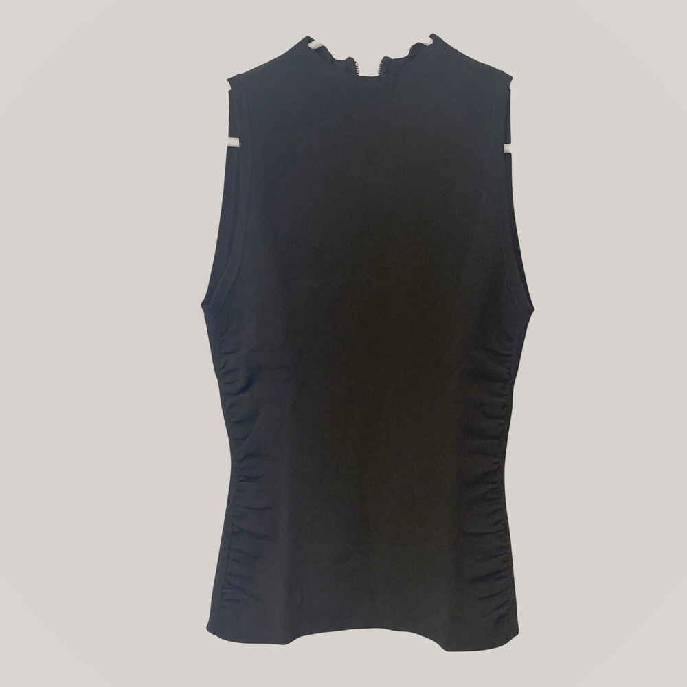 MILLY Black Sleeveless Mock Neck Ruched Knit Top Size 0 Exposed Back‎ Zipper